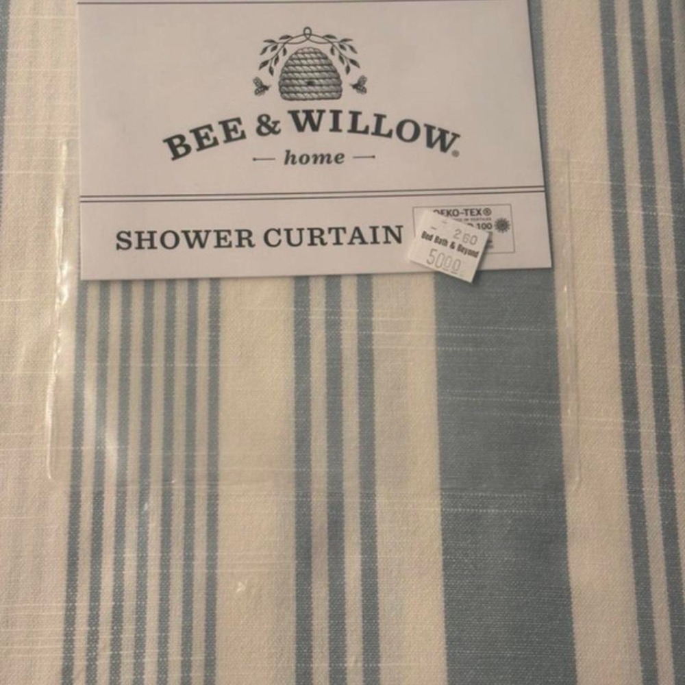 Bee & Willow Coastal Stripe Blue Fog shower curtain in blue & white